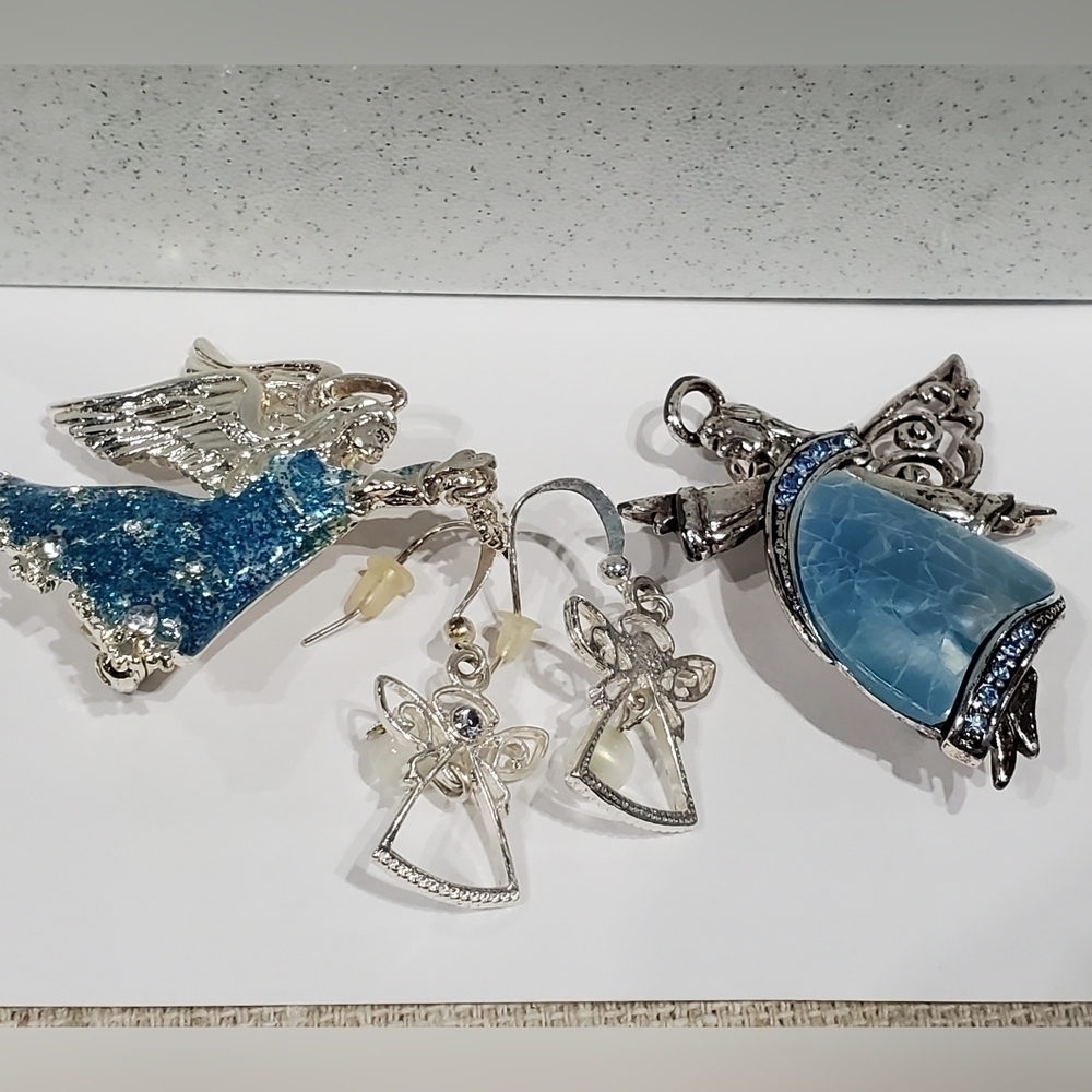 ANGEL BROOCHES & EARRINGS LOT CHRISTOPHER RADKO LIZ CLAIBORNE BLUE CHRISTMAS
